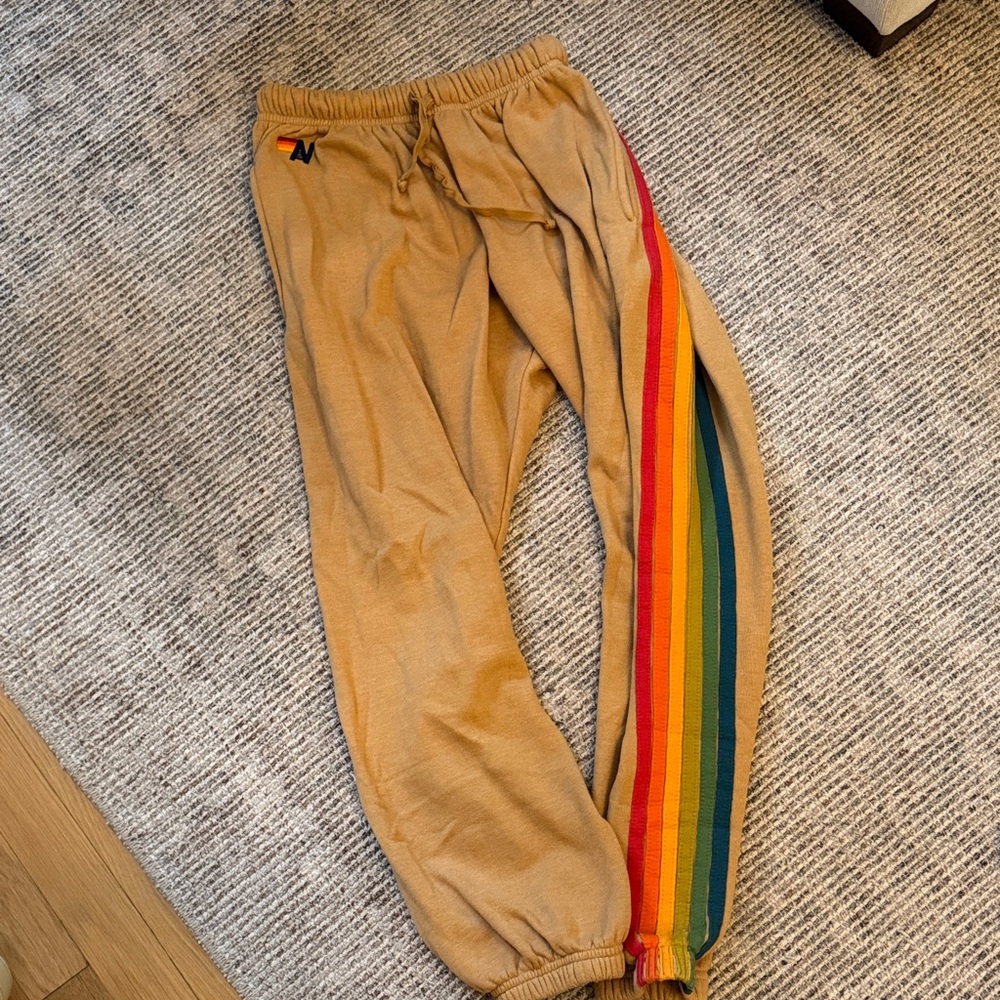 Aviator nation stripe Tan Sweatpants with Rainbow Stripe